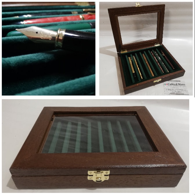 Pen holder box, Wood and velvet case Display for fountain pens