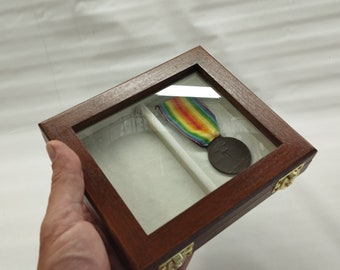 Wooden case for military medals, glass, wood and velvet display case