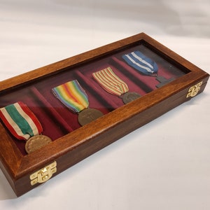 Wooden case for military medals, personalized glass, wood and velvet display case