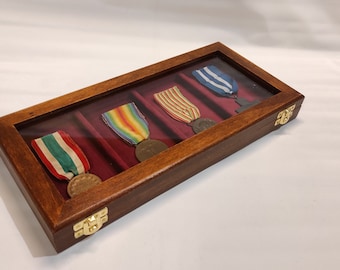 Wooden case for military medals, personalized glass, wood and velvet display case