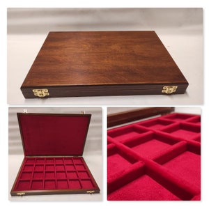 Wooden case garnet red box for coins, medals, minerals, fossils, gems, malacology  Italian velvet