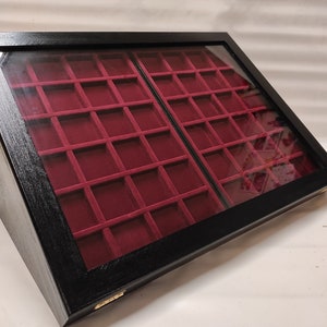 Showcase display case in wood and glass with two trays in Italian velvet display for coins, medals or shop collectibles
