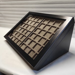 Showcase display case in wood and glass with two trays in Italian velvet display for coins, medals or shop collectibles