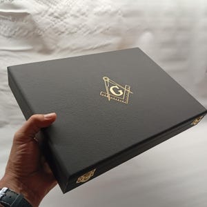 Masonic Box Black Faux Leather Square Compass Gold Symbol | Custom Velvet | Handmade Made in Italy