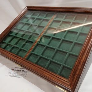 Showcase display case in wood and glass with two trays in Italian velvet display for coins, medals or shop collectibles