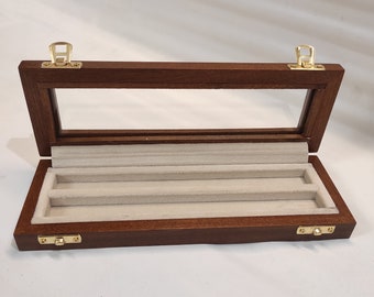 Pen holder box, Wood and velvet case Display for 2 fountain pens, personalized fountain pen showcase