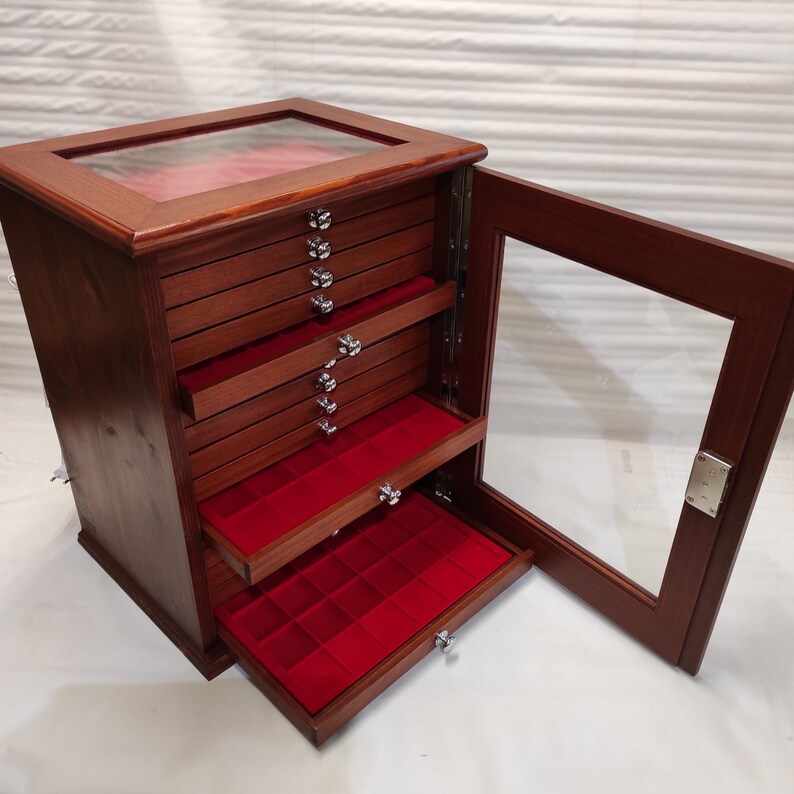 Mahogany-finish wooden coin cabinet with 15 drawers glass door and lock, handmade in Italy - side view