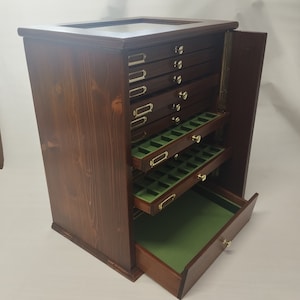 Coin Cabinet Medal Cabinet in Solid Walnut Wood 16 Drawers