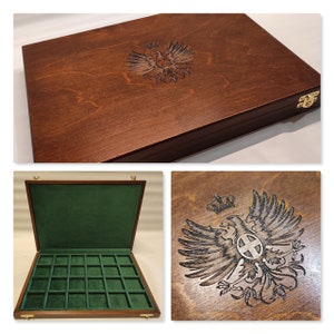 Wooden box for coins with engraving of the Savoy Eagle, customizable Italian velvet medals
