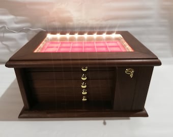Coin cabinet with LED ® light , in real wood color Walnut 5 Drawers