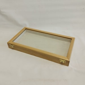 Wooden and glass display box for shells, fossils, knives or other items