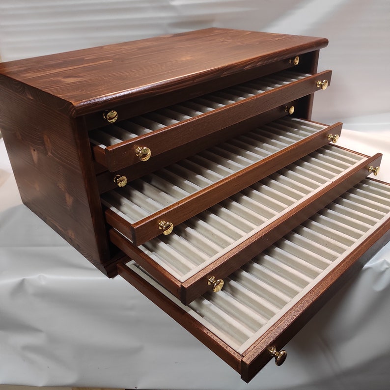 Wooden display cabinet for 133 collectible fountain pens, handmade in Italy