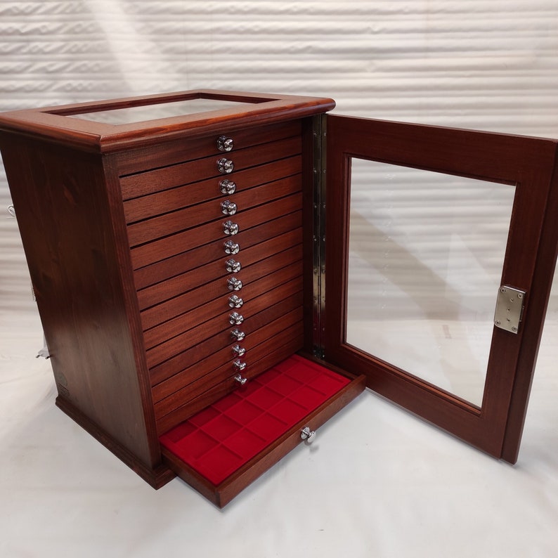 Mahogany-finish wooden coin cabinet with 15 drawers glass door and lock, handmade in Italy - open view