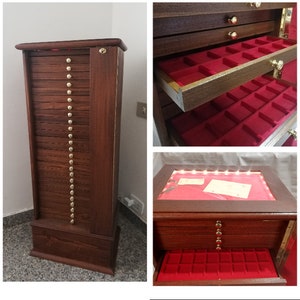 Coin Cabinet of Medals 25 drawers Real wood trays flocked red