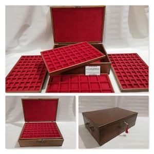 May include: A wooden coin box with a red velvet interior and multiple compartments. The box has a lock and key and a tassel.