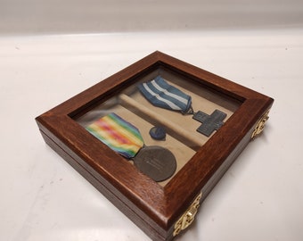 Wooden case for military medals, wooden and velvet glass display case