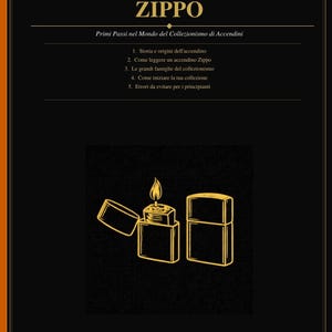 Puede incluir: Portada de libro con el título "ACCENDINI & ZIPPO" en letras doradas grandes. La portada presenta un fondo negro con ilustraciones doradas de encendedores Zippo, uno encendido. El texto incluye "Primi Passi nel Mondo del Collezionismo di Accendini".