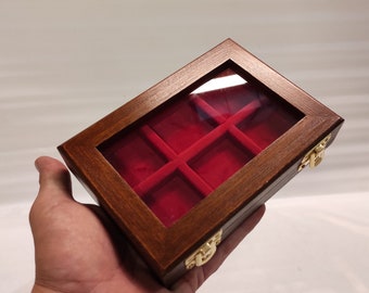 Cofanetto in legno per monete personalizzabile 6 caselle 40x40 mm espositore vetro