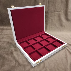 White wooden box for coins, velvet color and customizable compartments