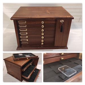 7 Drawer Coin Cabinet in Real Wood and Italian Velvet Slab NGC PCGS
