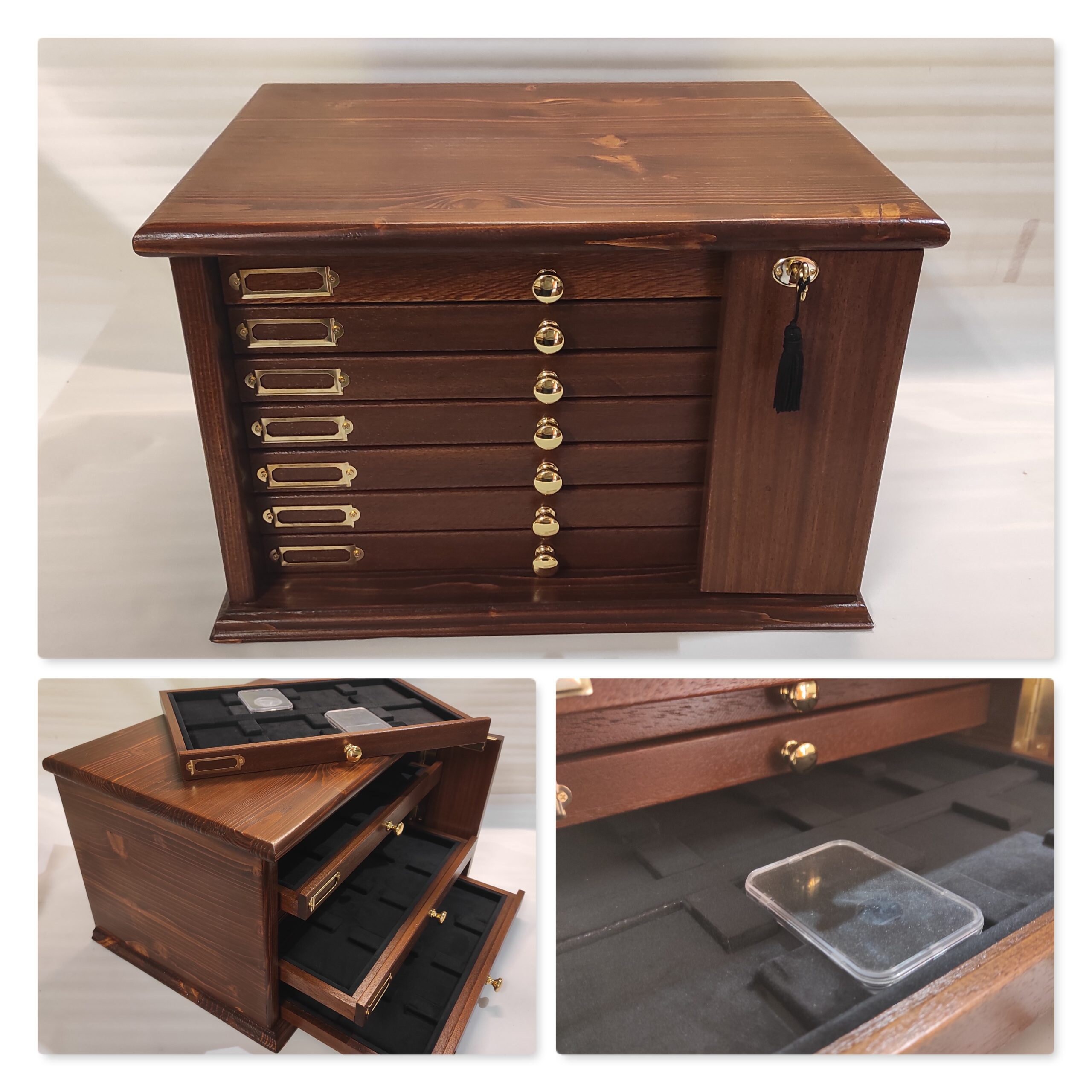 7 Drawer Coin Cabinet in Real Wood and Italian Velvet Slab NGC PCGS