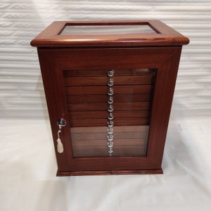 Mahogany-finish wooden coin cabinet with 15 drawers glass door and lock, handmade in Italy - alternate view