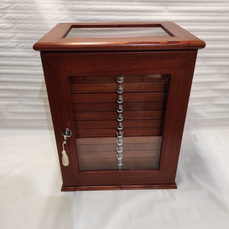 Mahogany-finish wooden coin cabinet with 15 drawers glass door and lock, handmade in Italy - alternate view