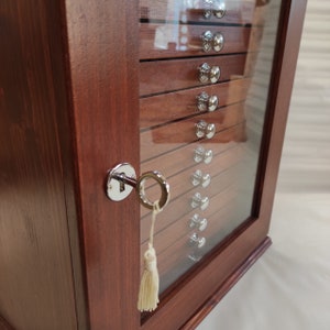 Mahogany-finish wooden coin cabinet with 15 drawers glass door and lock, handmade in Italy - detail view