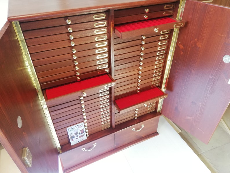 Coin cabinet in real wood color mahogany 502 drawers made by