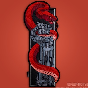 May include: Embroidered patch showing a red snake wrapped around a robotic arm. The snake has detailed scales and a forked tongue. The arm is grey and metallic, set against a black rectangular background. The patch has the brand name "GREFICINE®".