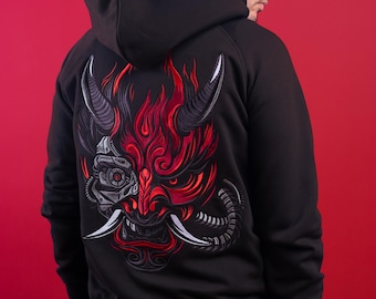 Sudadera con capucha bordada Cyberpunk Oni: sudadera de demonio samurái japonés