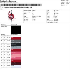 Puede incluir: Resumen de producci&oacute;n para un dise&ntilde;o de bordado titulado "katana-japanese-sword-and-sakura-9". El dise&ntilde;o presenta una espada japonesa y flores de cerezo. La altura es de 37,62 cm, y el ancho es de 22,89 cm. El dise&ntilde;o utiliza 8 colores.
