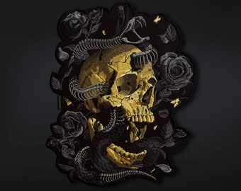 calavera de oro metálico con serpiente y rosas, hierro en parche, naturaleza gótica espeluznante, parches góticos, parches de terror, parches para chaquetas