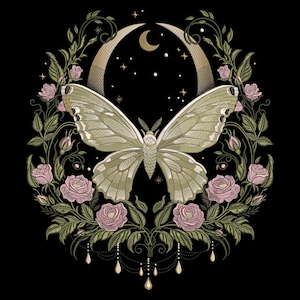 May include: A detailed illustration of a moth with outstretched wings, centered within a floral wreath of pink roses and green leaves. The moth is a muted green color, and the background is black with a crescent moon and stars.