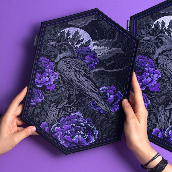 Embroidered Raven Back Patch: Gothic Crow Iron-On Patch for Custom Vest