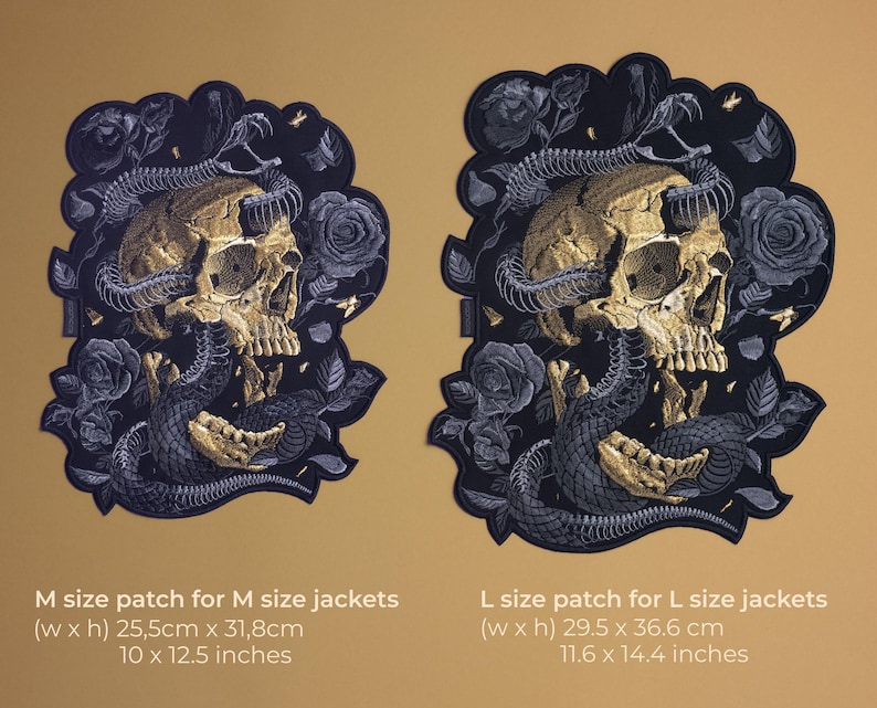 May include: Two patches featuring a gold skull entwined with a snake and surrounded by dark roses. The M size patch is 10 x 12.5 inches, and the L size patch is 11.6 x 14.4 inches. Text on the image reads: M size patch for M size jackets and L size patch for L size jackets.