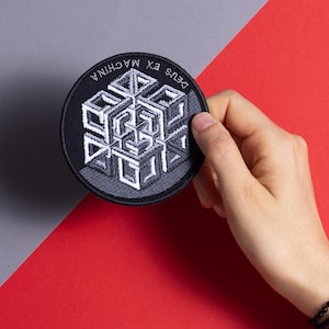 Patch, embroidered patch, Geometry isometric patch with latin quote &quot;Deus Ex Machina&quot;, dark macabre patch, iron-on patch