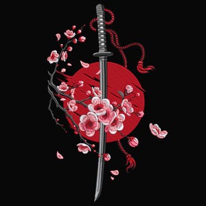 Peut inclure: Illustration détaillée d'un katana avec un manche rouge et une lame argentée, sur fond de soleil rouge. Des branches de cerisier en fleurs roses et des pétales tombants encadrent l'épée, sur fond noir.