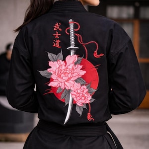 Katana and Peonies Embroidery Design, Bushido in Japanese Machine Embroidery File