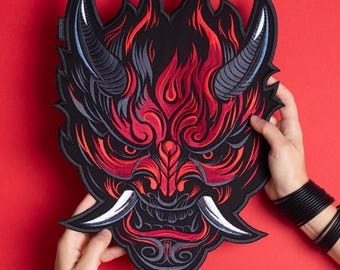 Parche Oni: Parche bordado en la espalda con máscara de demonio japonesa para chaleco personalizado