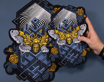 Embroidered Brahmin Moth Back Patch: Dark Art Butterfly & Flowers Iron-On Sew-On patches for Jackets