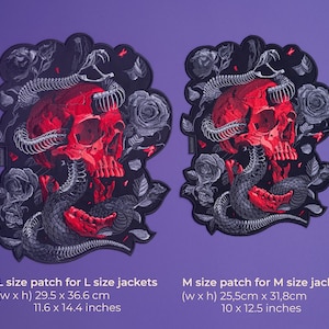 May include: Two patches with a red skull design, entwined with a snake and surrounded by roses. The L size patch is 11.6 x 14.4 inches, and the M size patch is 10 x 12.5 inches. Text on the image reads: "L size patch for L size jackets" and "M size patch for M size jackets."