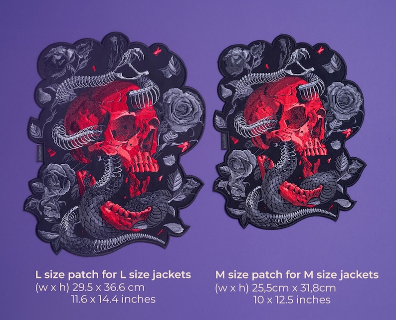 May include: Two patches with a red skull design, entwined with a snake and surrounded by roses. The L size patch is 11.6 x 14.4 inches, and the M size patch is 10 x 12.5 inches. Text on the image reads: "L size patch for L size jackets" and "M size patch for M size jackets."