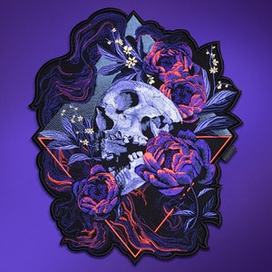 skull patches, digital lavender style, goth patches, purple goth, emo patches, patches for jackets, creepy goth nature, iron on patch