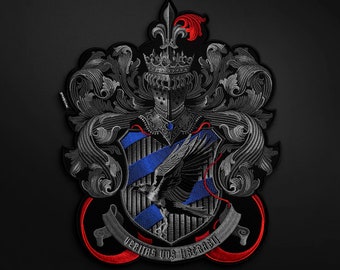 heraldry patch, skull patch, coat of arms patch, back patch, custom text patch, battle jacket patch, custom iron on patch