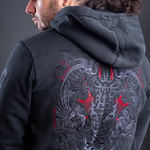 Demons Cybersigilism Embroidered Vintage Hoodie, Gothic Pullover Hoodie, Unisex Urban Fit, Dark Style Sweatshirt