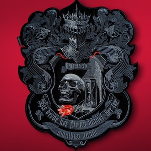 Custom quote patch, dark academia, back patch, patches for jackets, coat of arms patch, goth patch, shield crest patch, embroidered applique