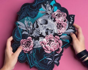 Embroidered Skull & Flowers Back Patch: Pastel Goth Dark Art Patch
