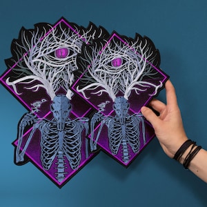 Deer Skull Patch, Wendigo Mythical Medieval Animal, Purple Goth Embroidered Back Patch