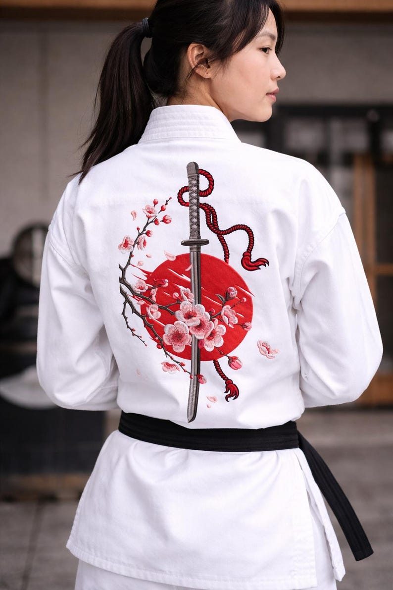 Puede incluir: Uniforme blanco de artes marciales con cintur&oacute;n negro. La espalda del uniforme presenta un dise&ntilde;o bordado de una espada katana, un sol rojo y flores de cerezo. El dise&ntilde;o es detallado y colorido.